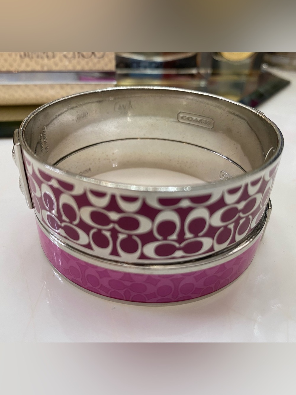 Coach Signature C Wide & Poppy Thin Silver Enamel Bangle Set, Magenta/Light Pink - Picture 7 of 8